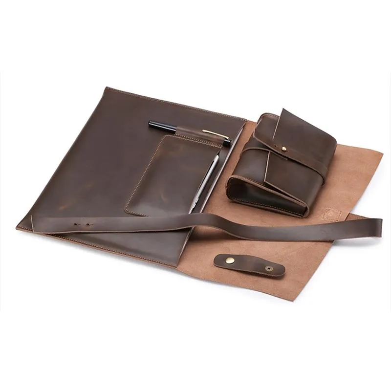 13.3 Inch Genuine Leather Laptop Bag With Power Adapter And Cable Winder