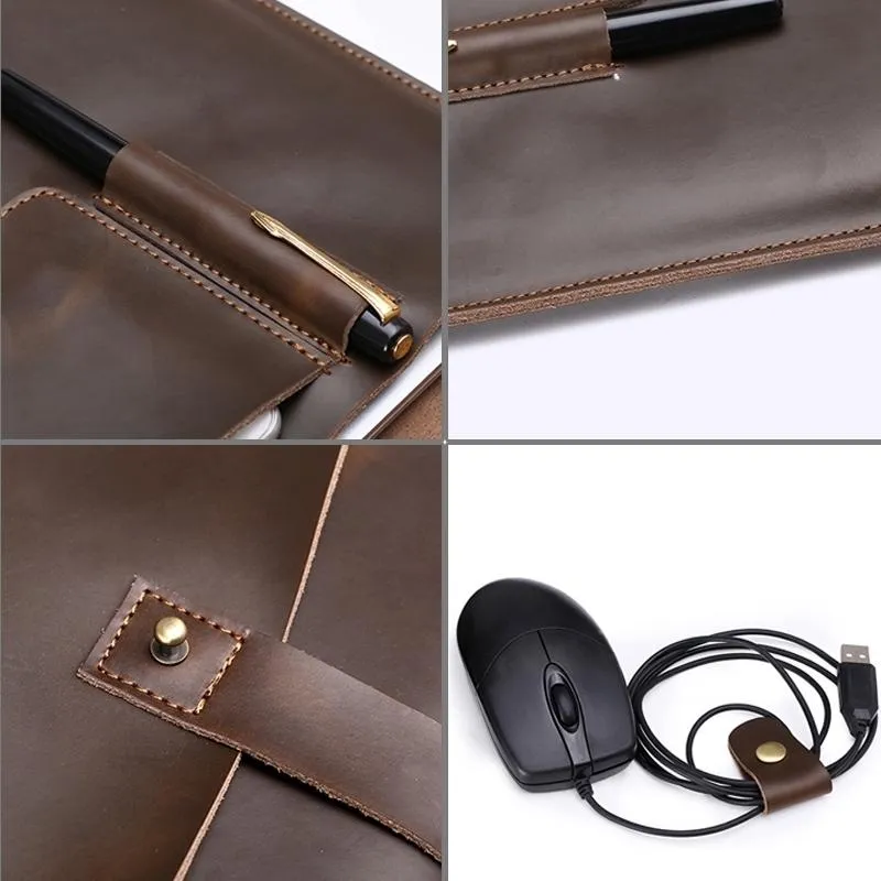 13.3 Inch Genuine Leather Laptop Bag With Power Adapter And Cable Winder