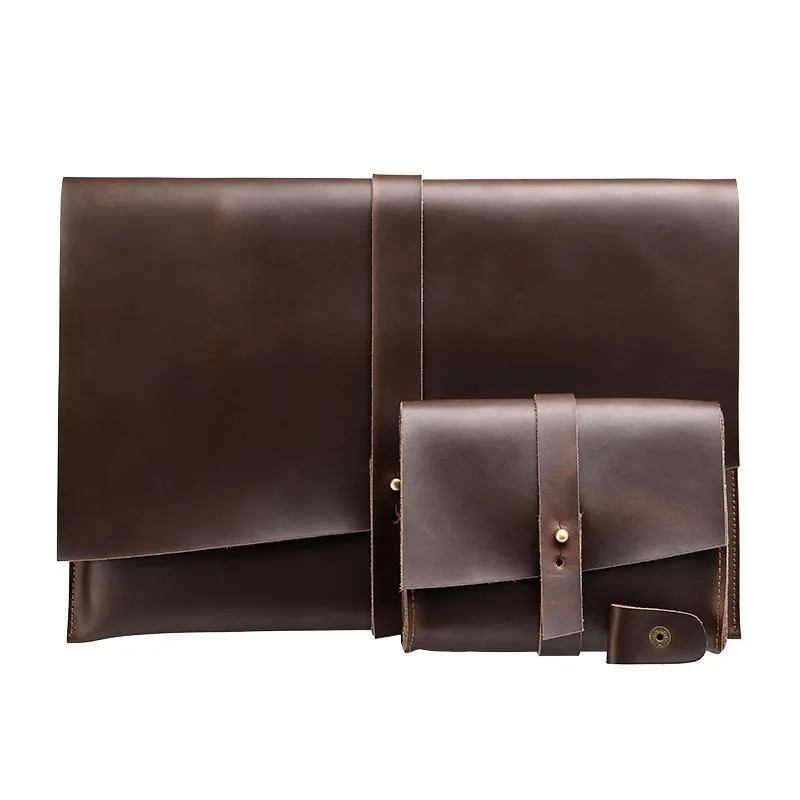 13.3 Inch Genuine Leather Laptop Bag With Power Adapter And Cable Winder