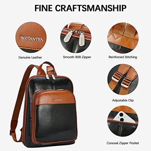 BOSTANTEN Genuine Leather Backpack Purse Casual College Travel Bags for Women Brown with apricot