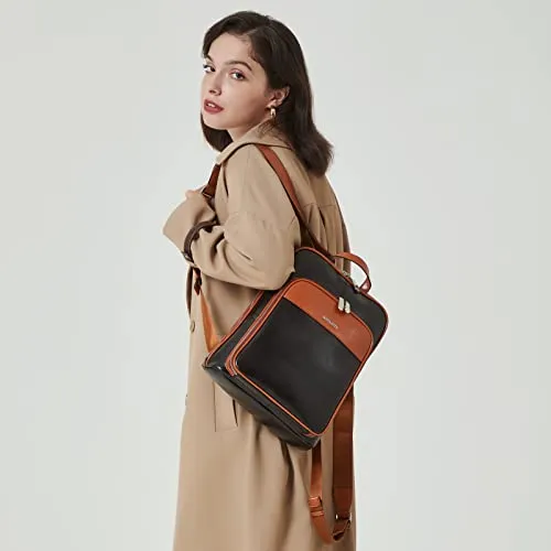 BOSTANTEN Genuine Leather Backpack Purse Casual College Travel Bags for Women Brown with apricot