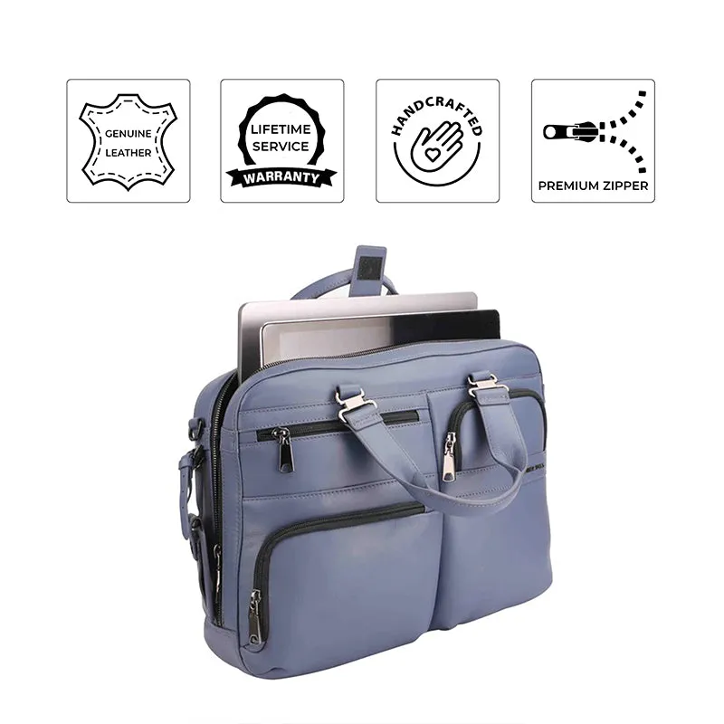 Jacob | Leather Briefcase For Men | 100% Genuine Leather | For Office | Colour: Blue & Grey