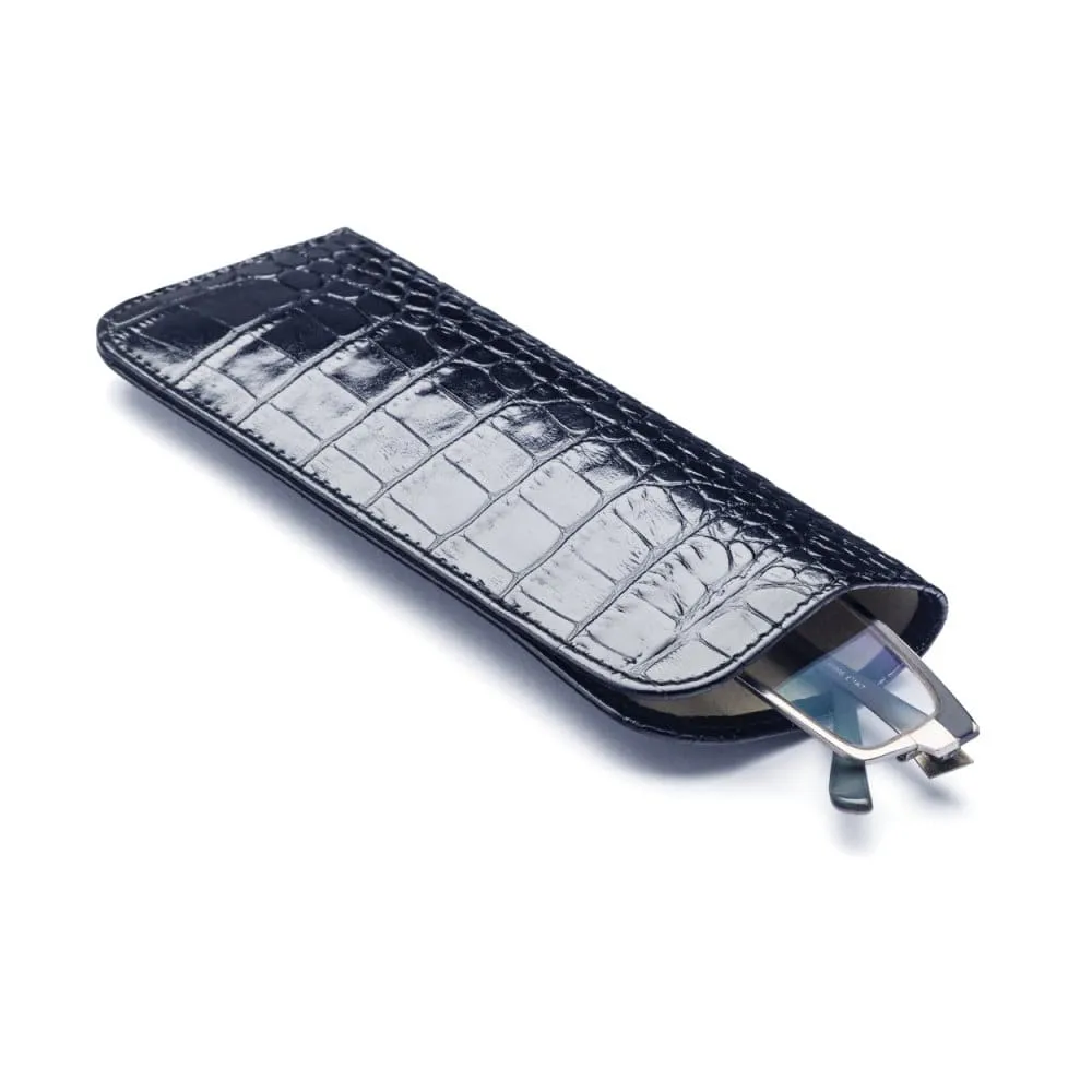 Large Leather Glasses Case - Navy Croc