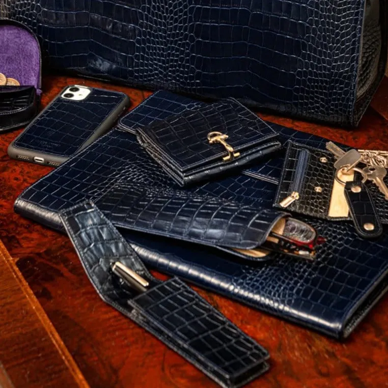 Large Leather Glasses Case - Navy Croc