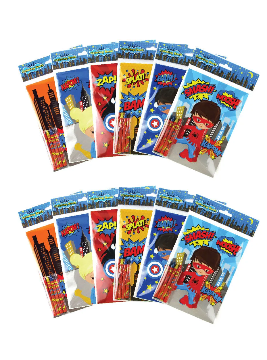 Superhero Coloring Books with Crayons Party Favors - Set of 6 or 12