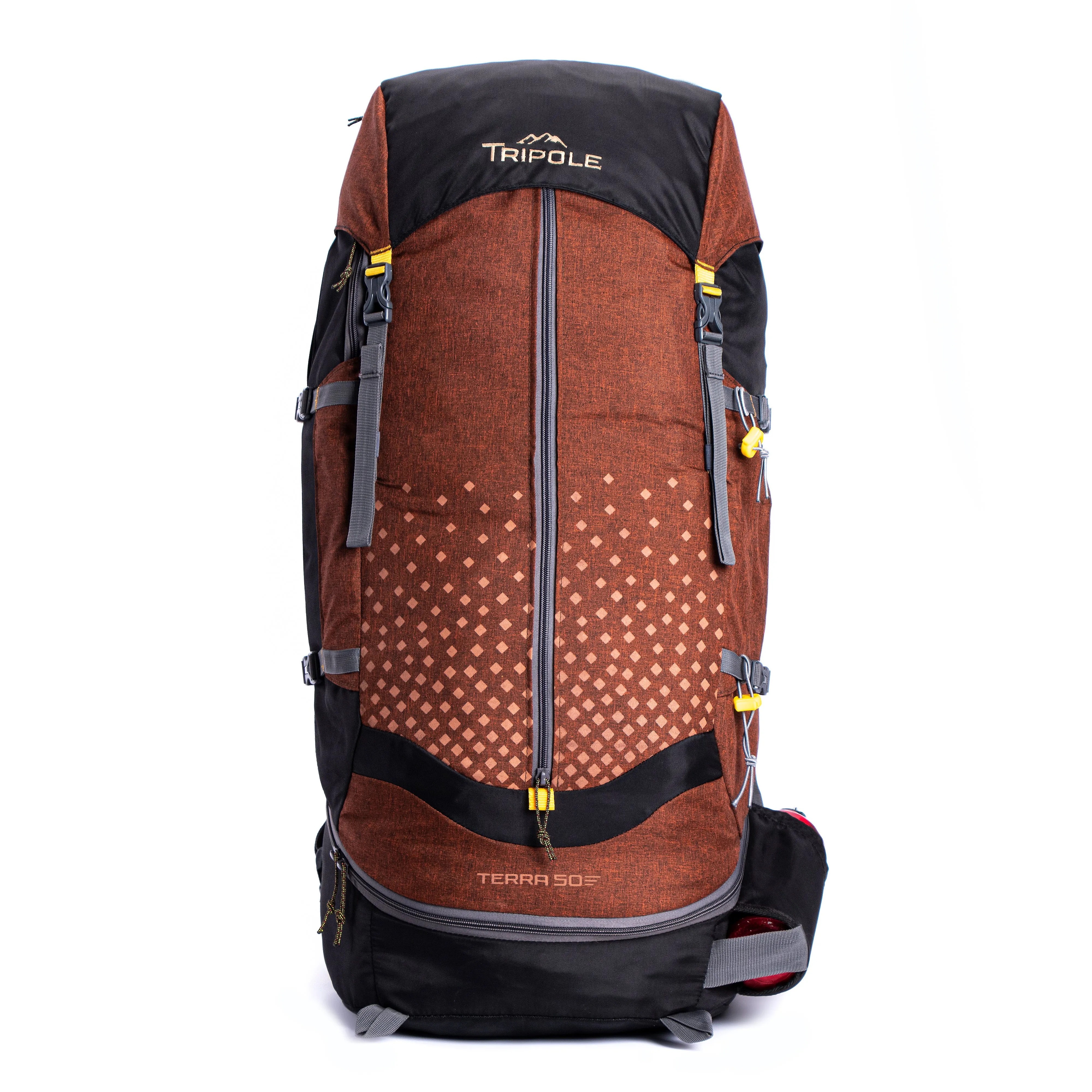 Tripole Terra Backpacking and Trekking Rucksack with Front Opening, Rain Cover and Metal Frame | 3 Year Warranty | Red Melange | 50 Litres