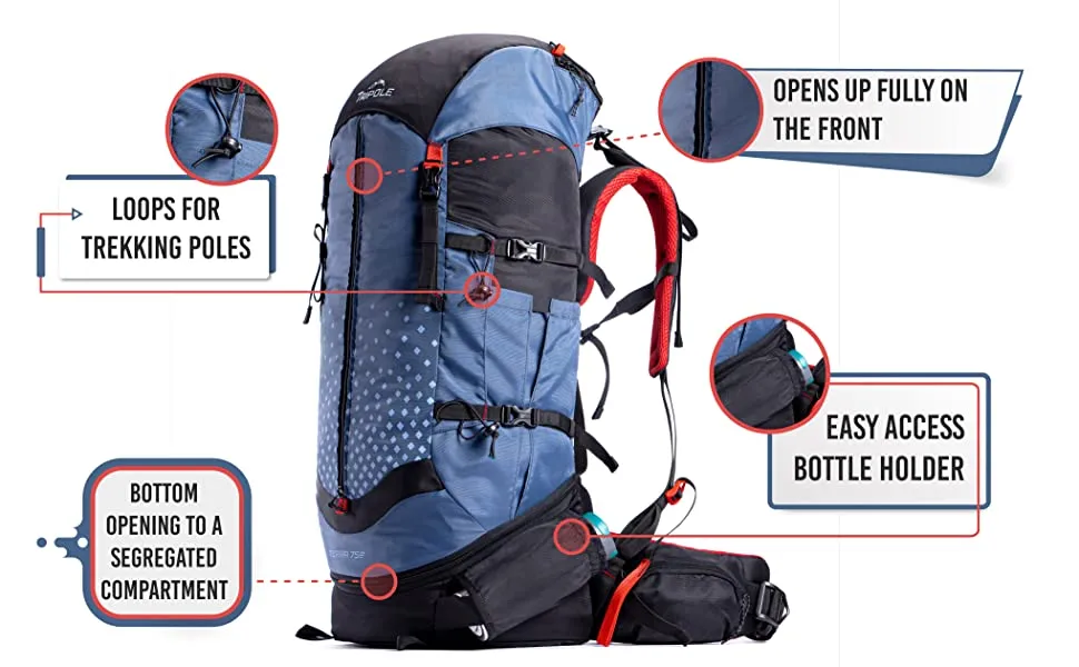 Tripole Terra Backpacking and Trekking Rucksack with Front Opening, Rain Cover and Metal Frame | 3 Year Warranty | Red Melange | 50 Litres