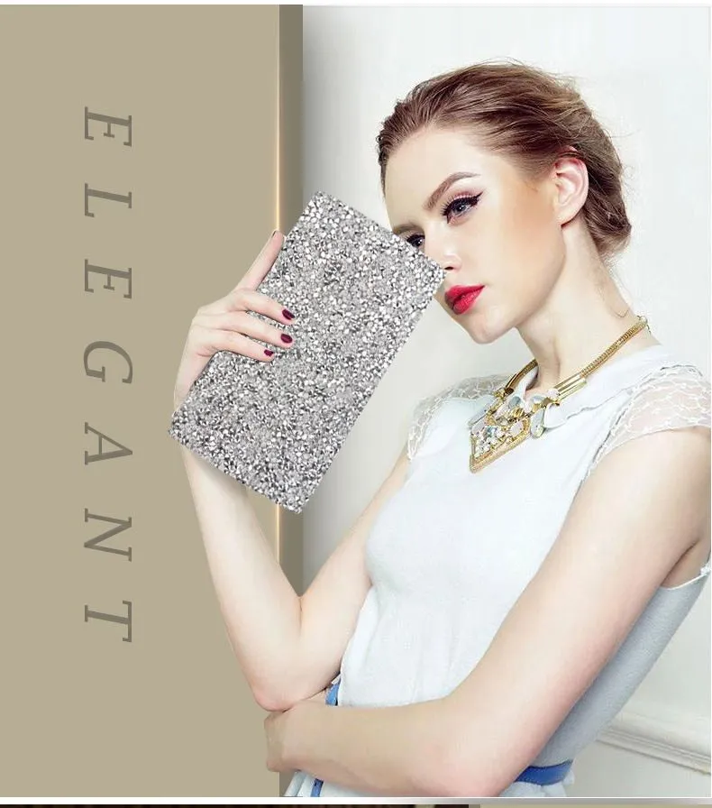 Women Crystal Diamond Sequin Clutch Bag With Chains Black/Gold Silver