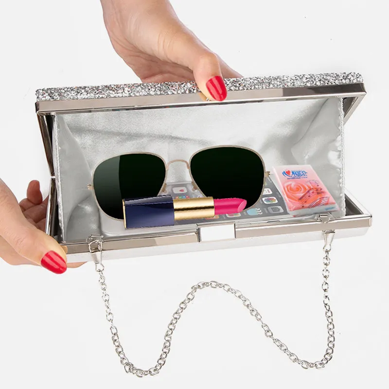 Women Crystal Diamond Sequin Clutch Bag With Chains Black/Gold Silver