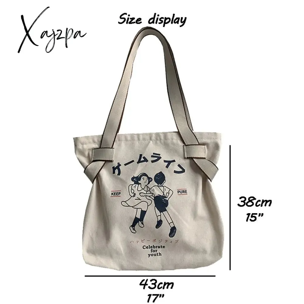 Xajzpa - Canvas Tote Bag for Women Designer Handbag Brand Lady's Shopper Japanese Style Retro Cartoon Print Girls Shoulder Bag